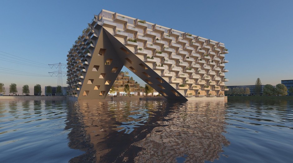 здание Sluishuis площадью 46 000 квадратных метров. Оно спроектировано BIG и Barcode Architects и станет «плавучими воротами в Эйбург (Голландия)